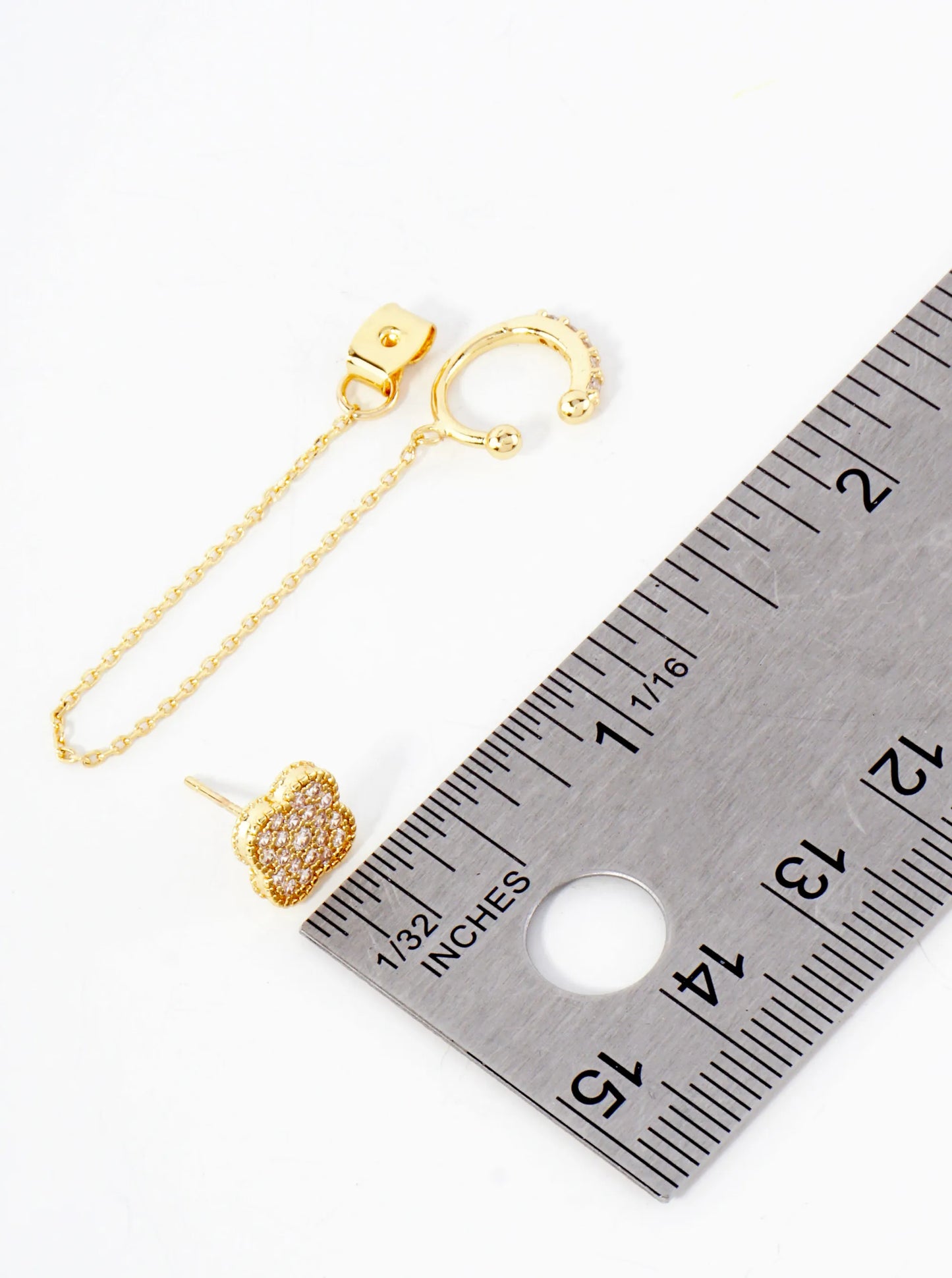 10mm Pave-Set CZ Quatrefoil Stud And Ear Cuff Drape Chain 18K-Gold-Dipped Earring Set