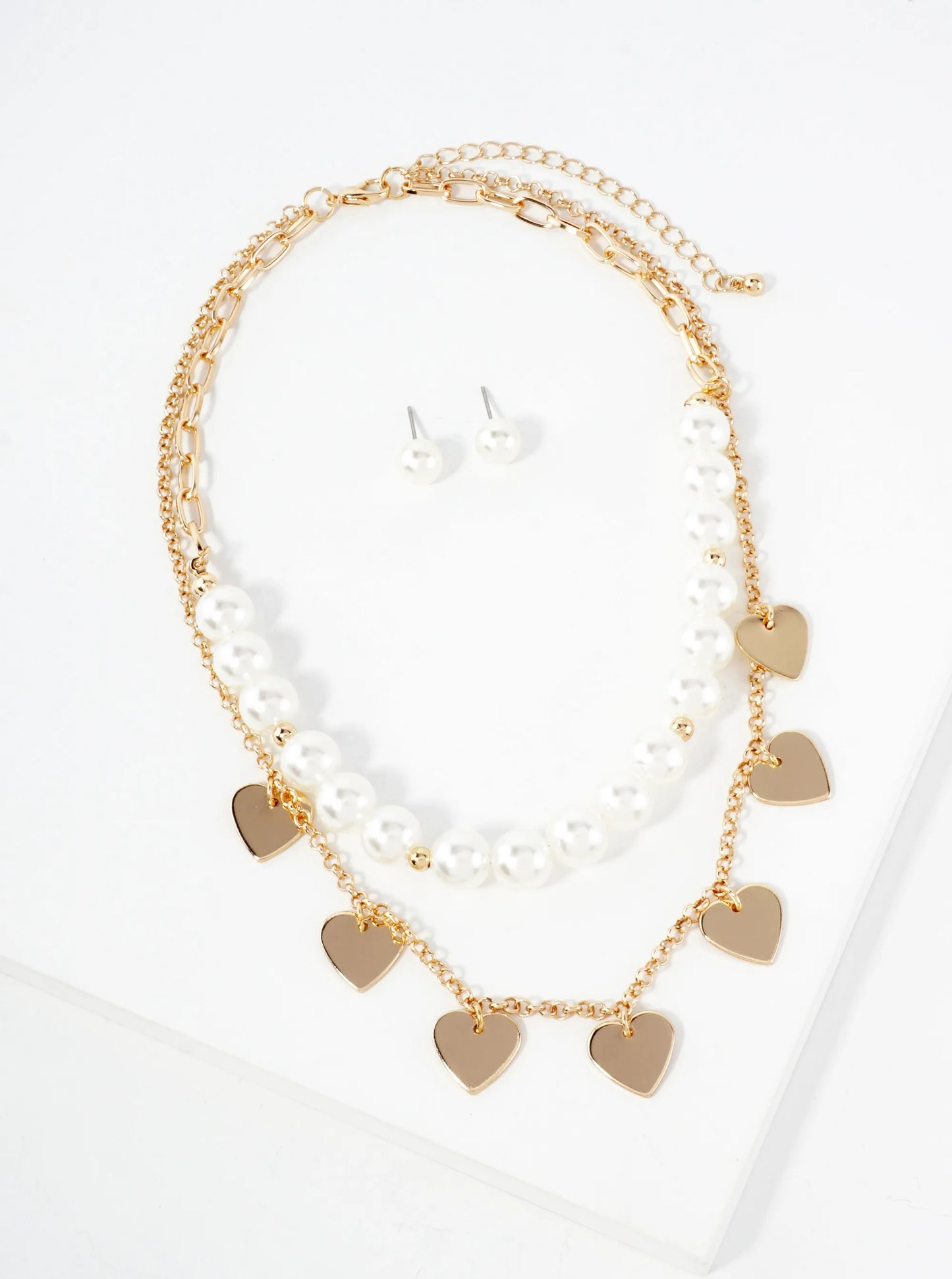 10mm Pearl-Beaded Heart-Charm Layered Necklace Set-with-Earrings