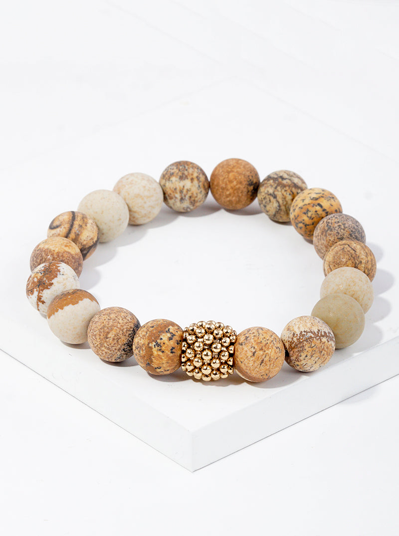 10mm Semi-Precious Natural Stone With Metal Bead Accent Stretch Bracelet