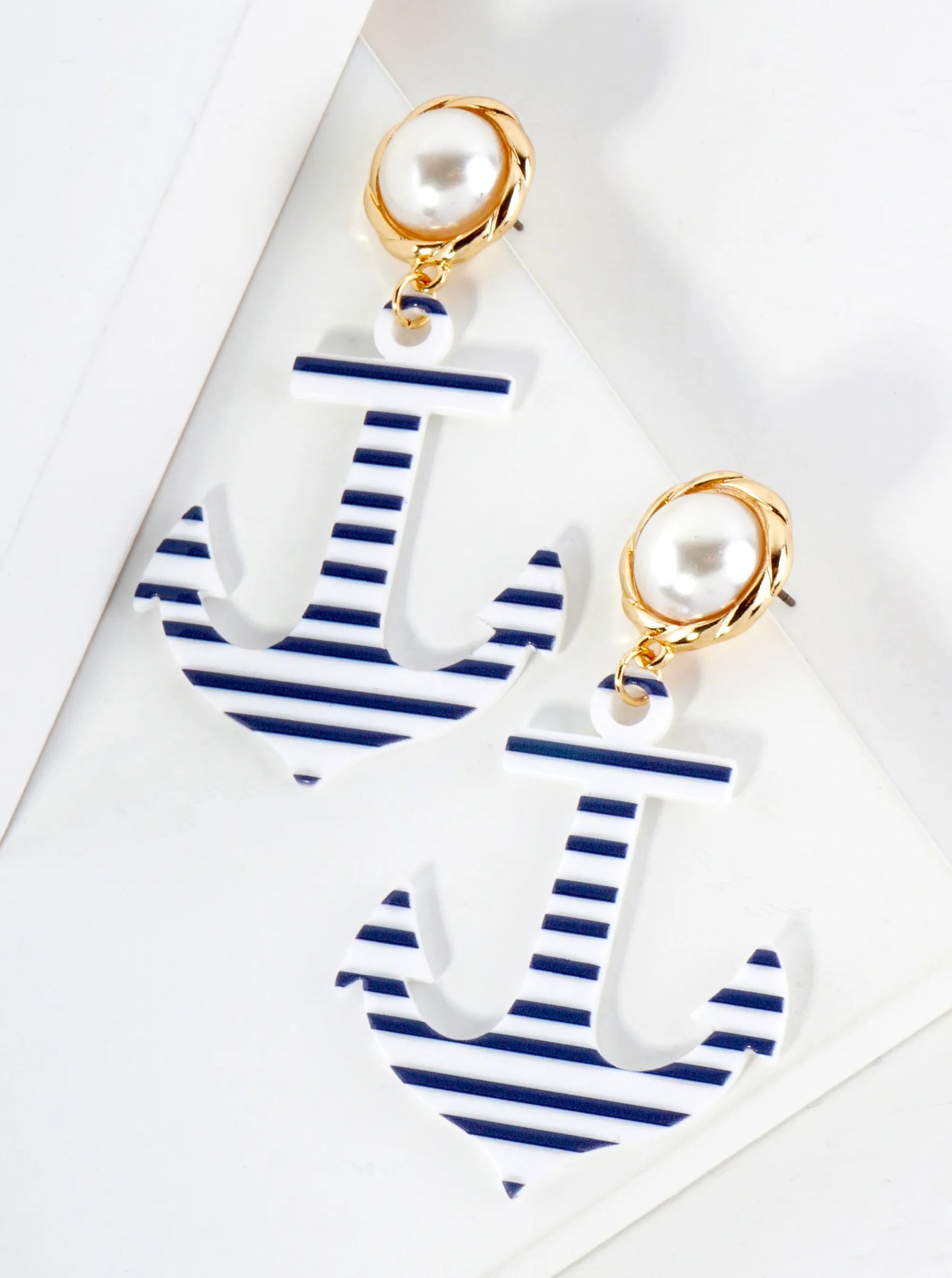 11mm Pearl Post Striped Anchor Nautical Statement Earrings