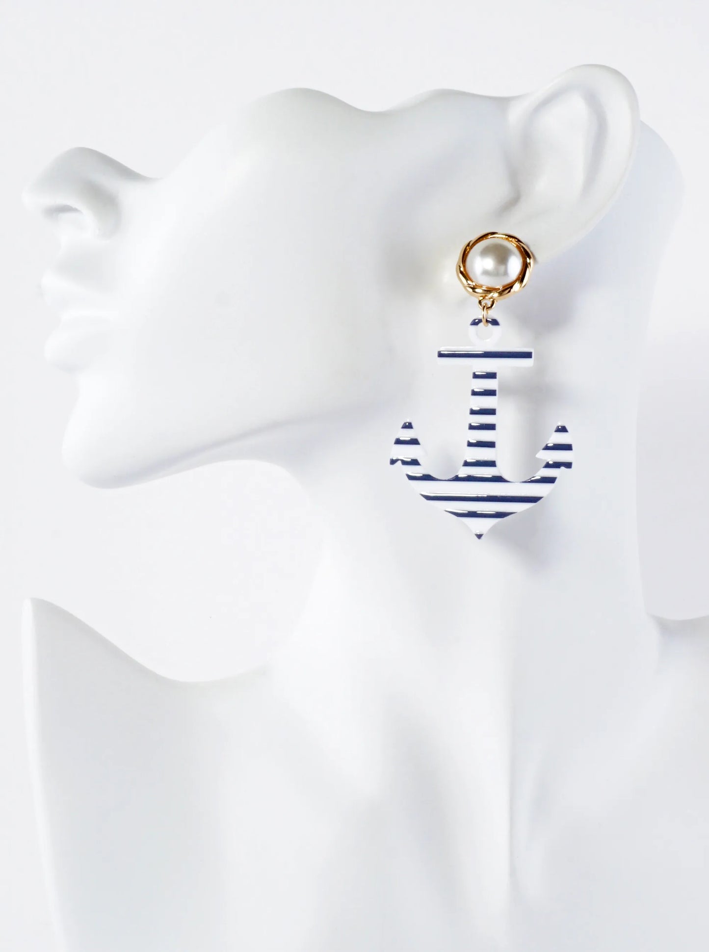 11mm Pearl Post Striped Anchor Nautical Statement Earrings