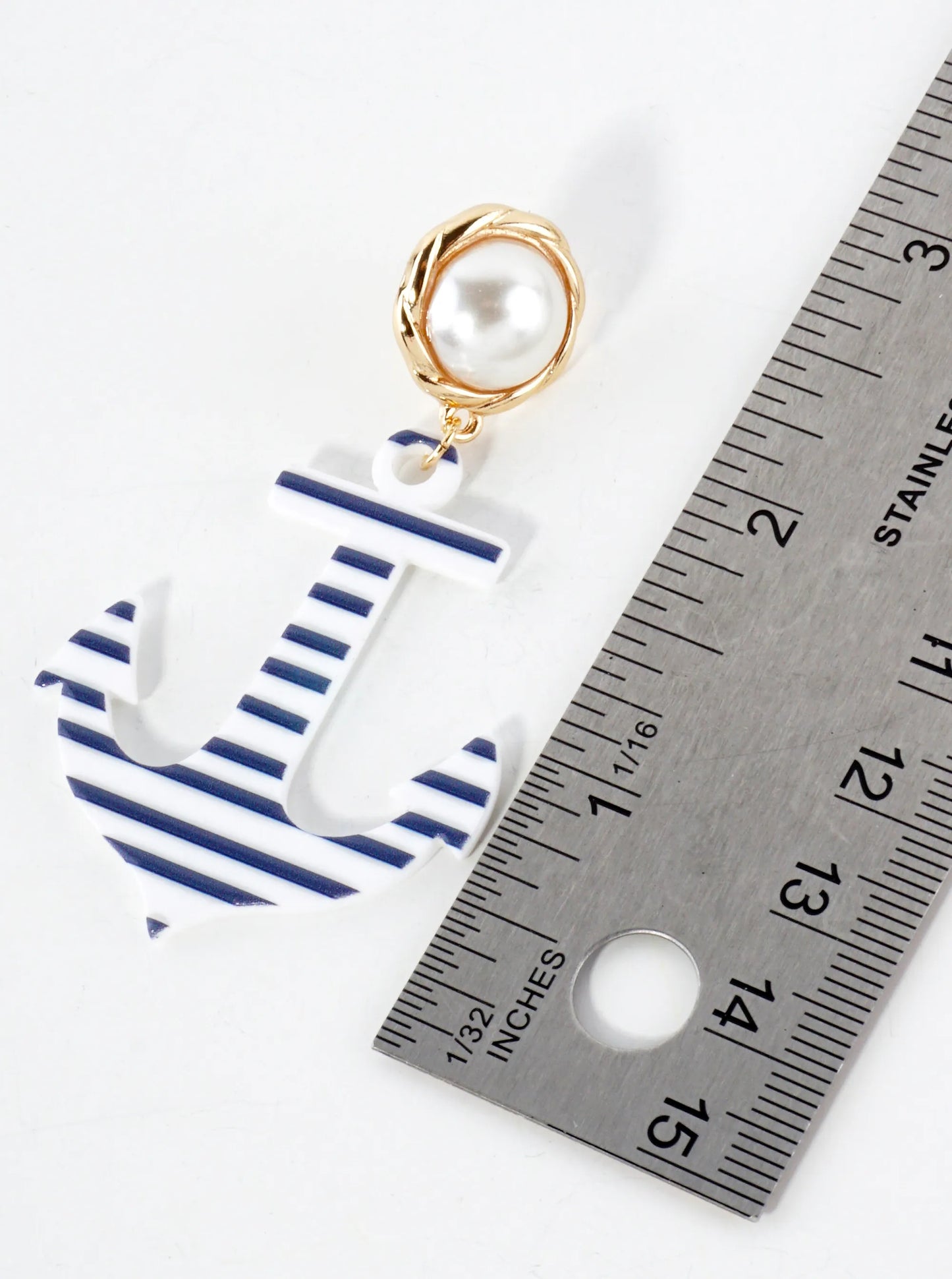 11mm Pearl Post Striped Anchor Nautical Statement Earrings