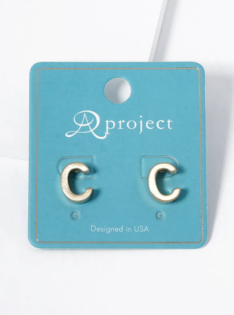 12mm Brushed Metal Initial Letter Button Stud Post Earrings