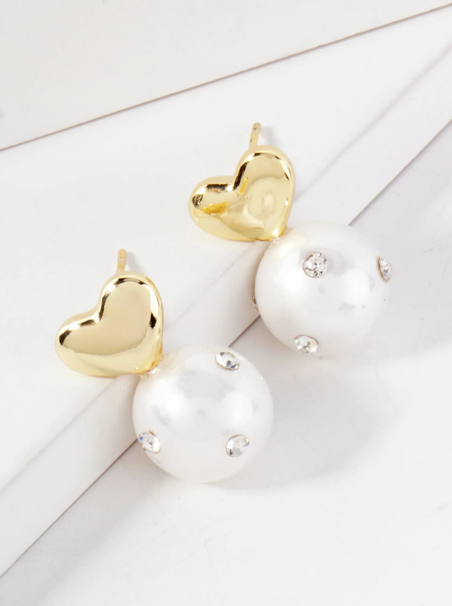 12mm Crystal Embellished Pearl-Bead Polished Brass Heart 14K-Gold-Dipped Earrings