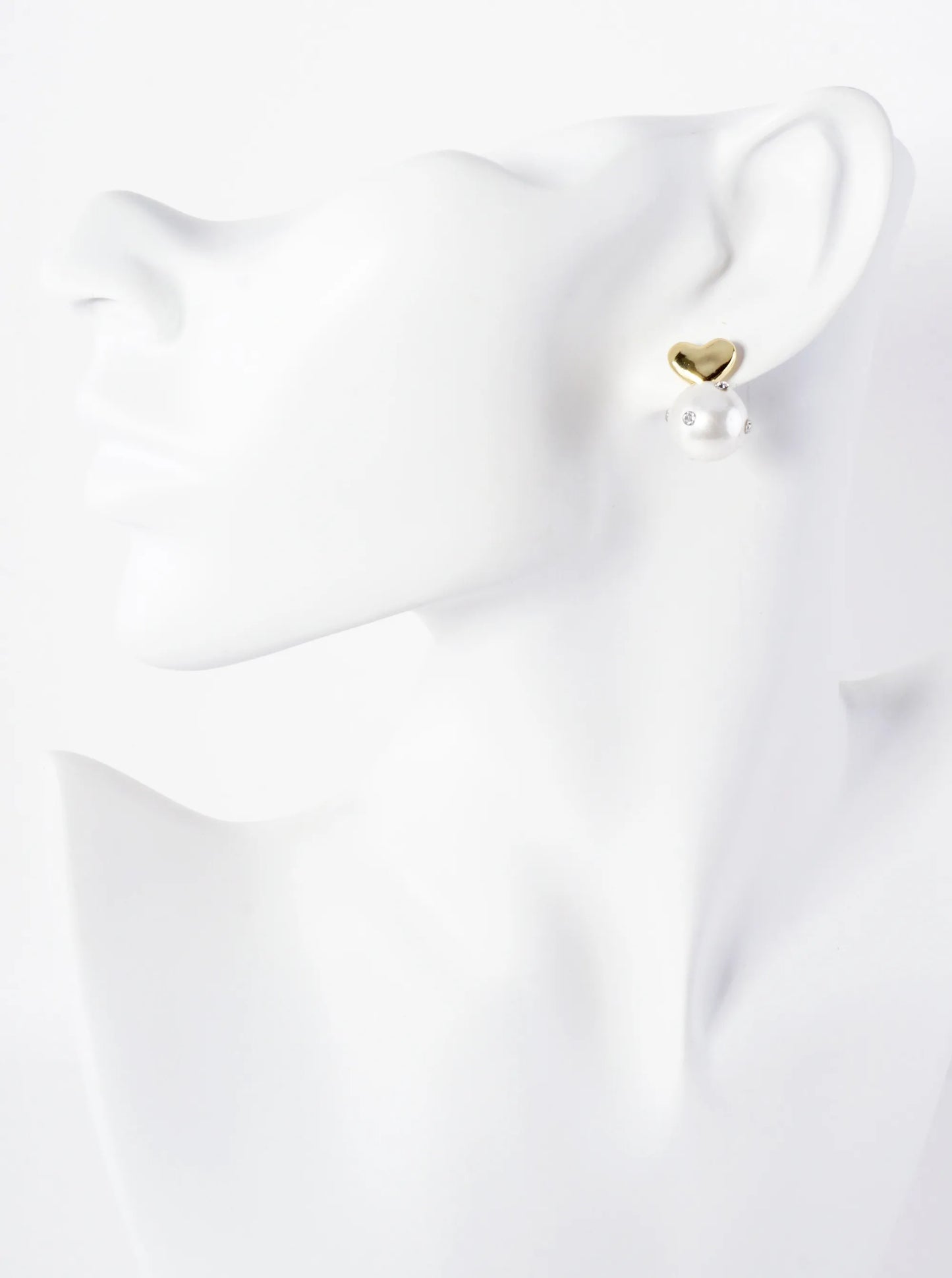 12mm Crystal Embellished Pearl-Bead Polished Brass Heart 14K-Gold-Dipped Earrings