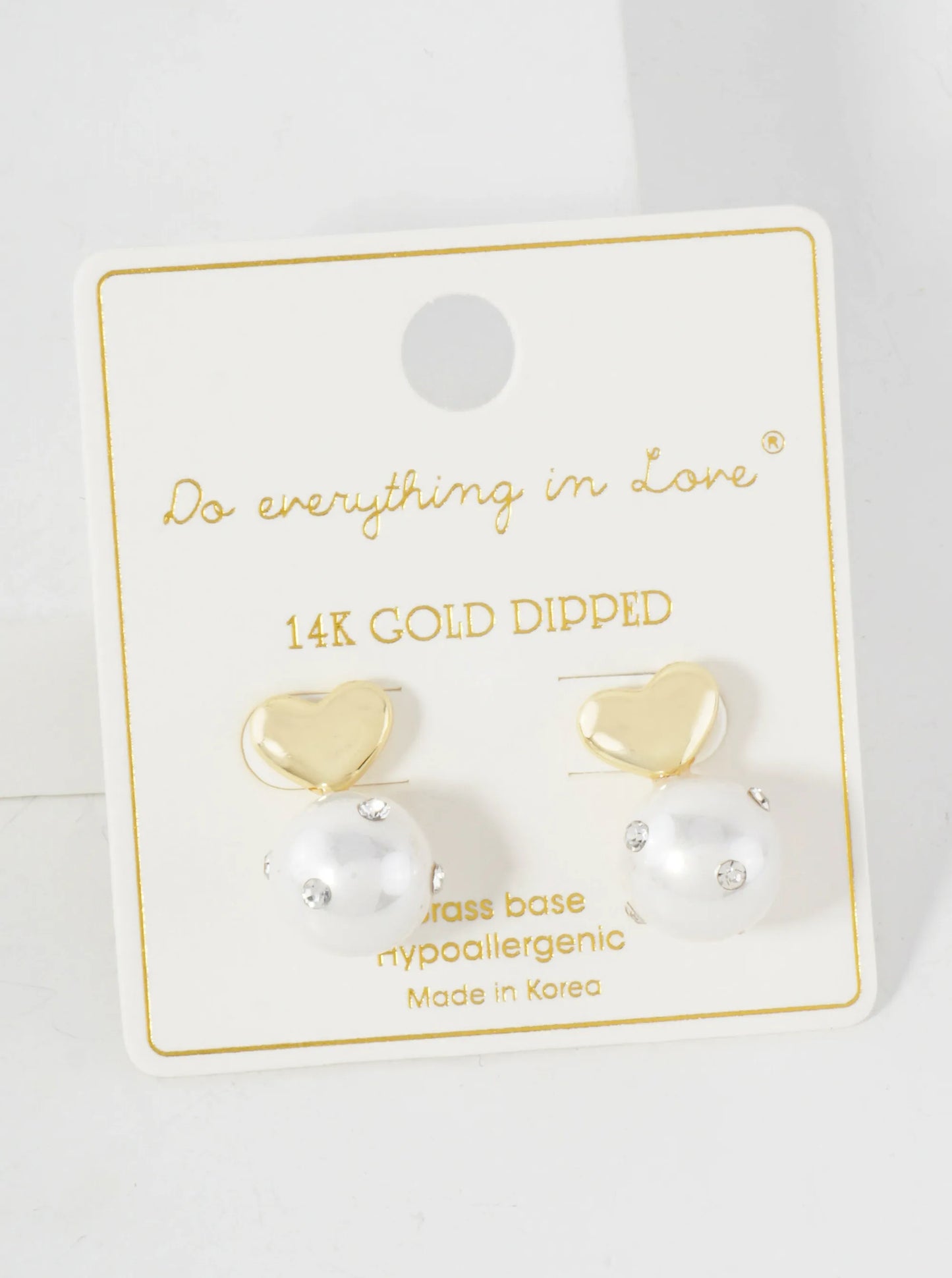 12mm Crystal Embellished Pearl-Bead Polished Brass Heart 14K-Gold-Dipped Earrings