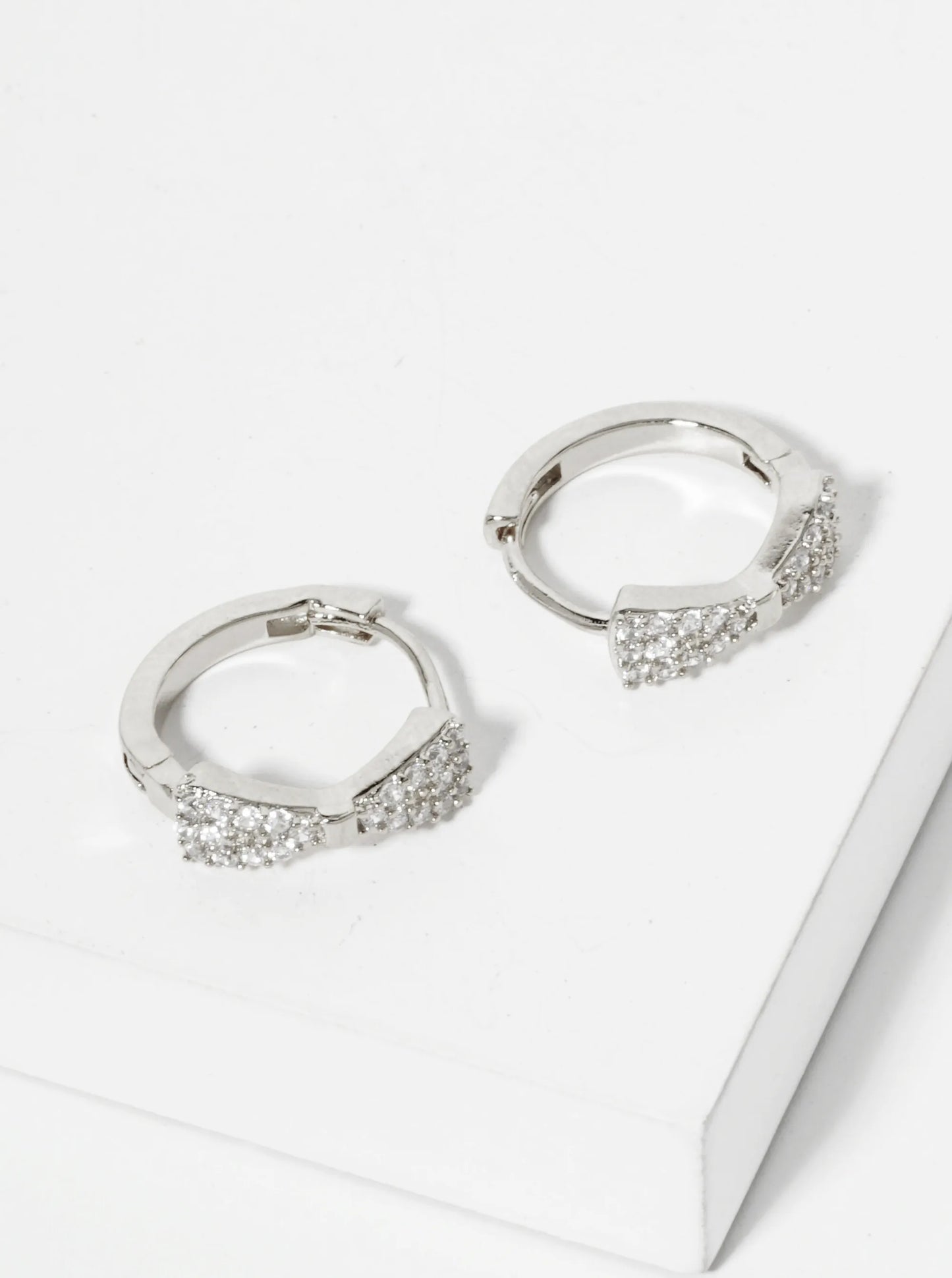 12mm Huggie Hoop Earrings With Micro Pave Set CZ Ribbon Bow Accent