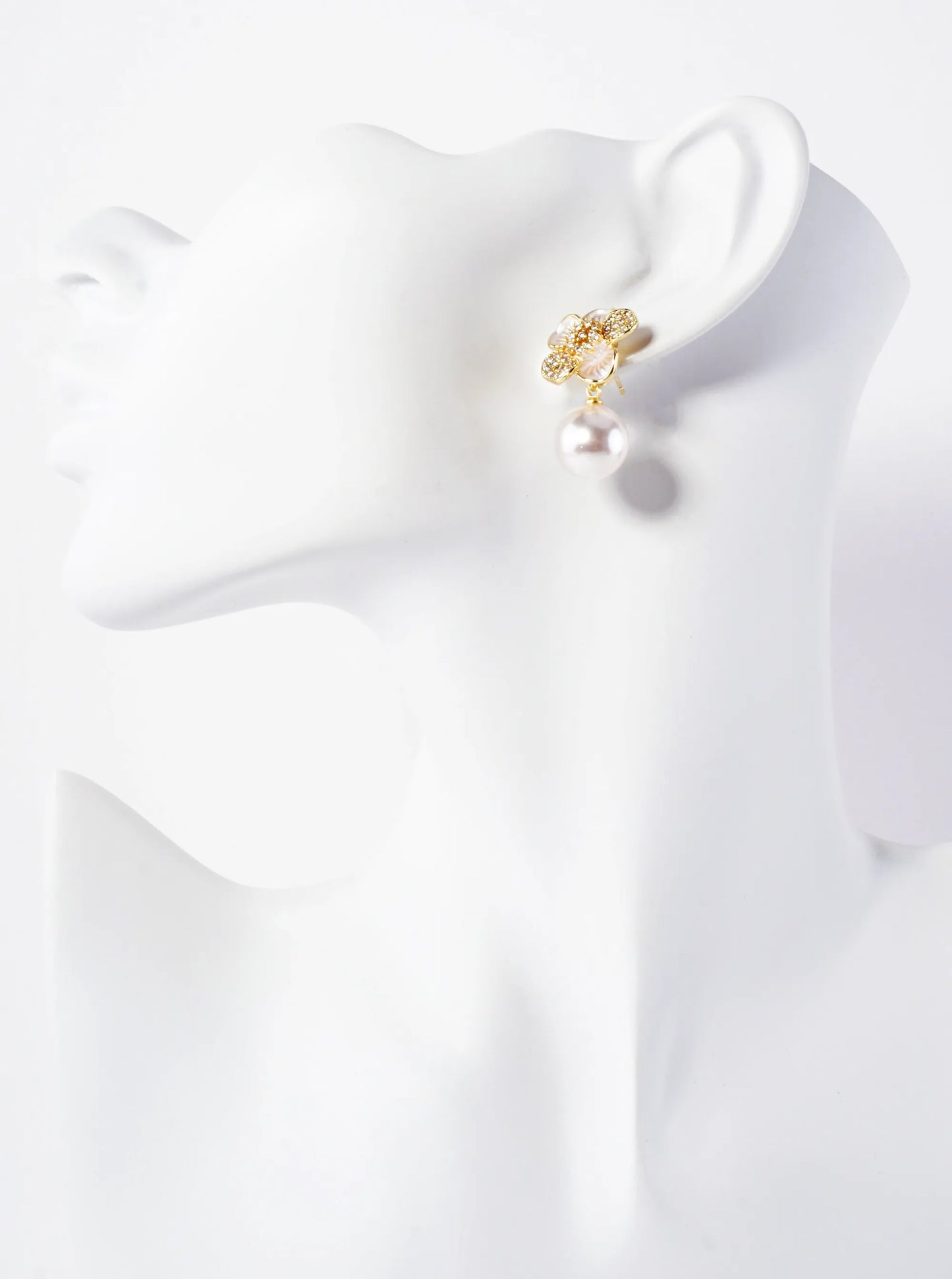 12mm Pearl Drop Pave-Set CZ Flower 14K-Gold-Dipped Post Earrings