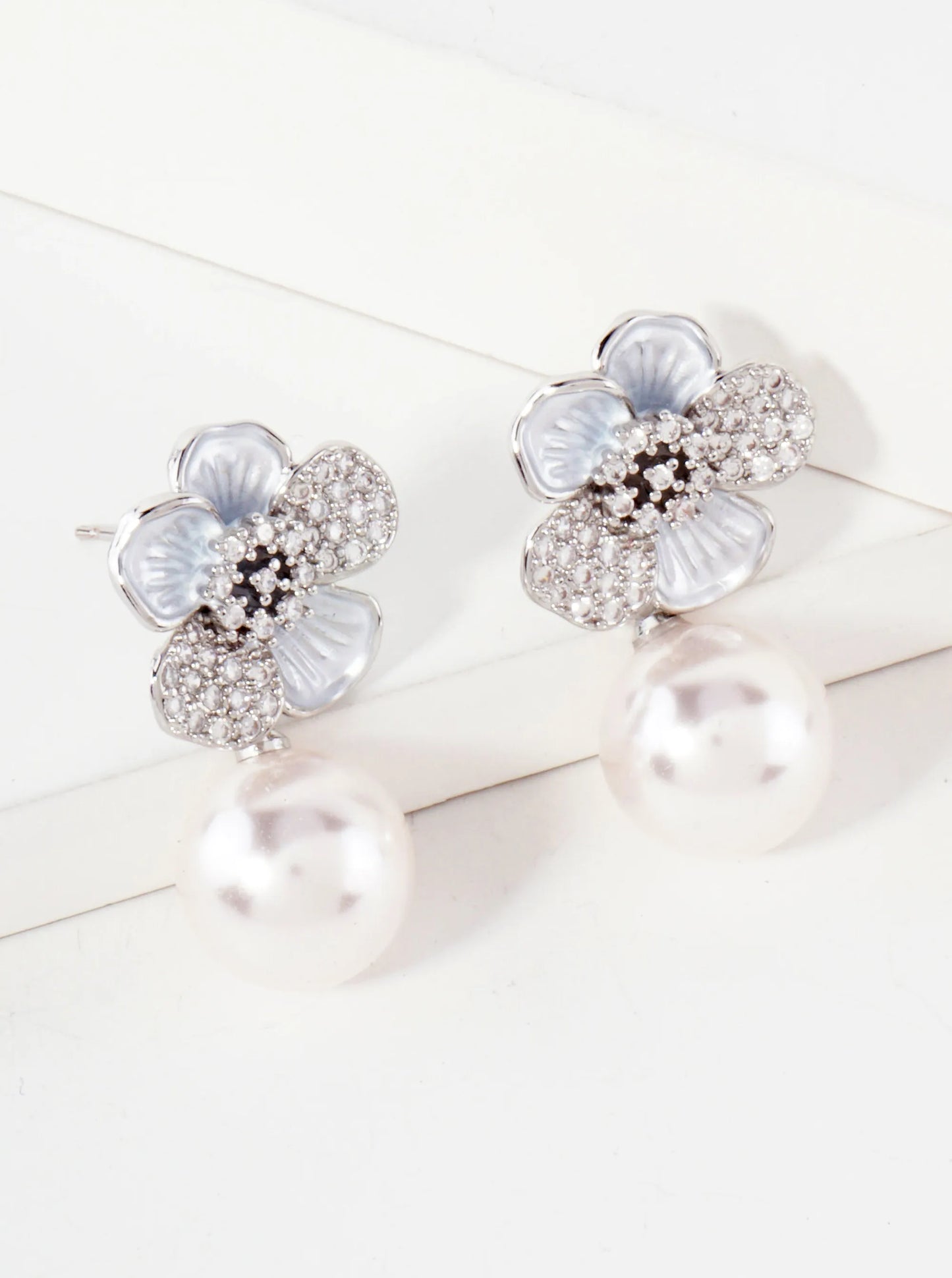 12mm Pearl Drop Pave-Set CZ Flower 14K-Gold-Dipped Post Earrings