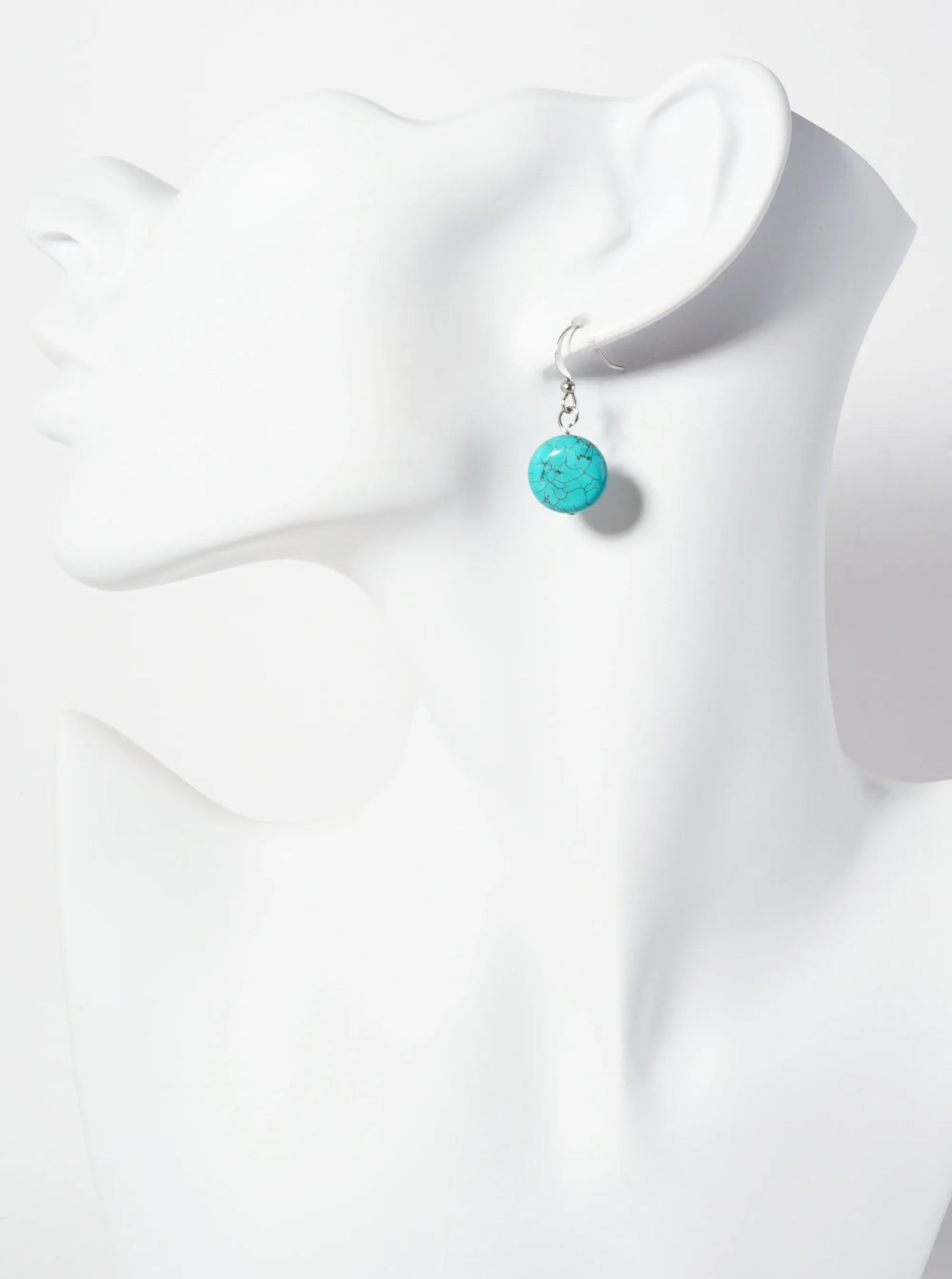 12mm Round-Shaped Semi-Precious Natural-Stone Turquoise Dangle Drop Earrings