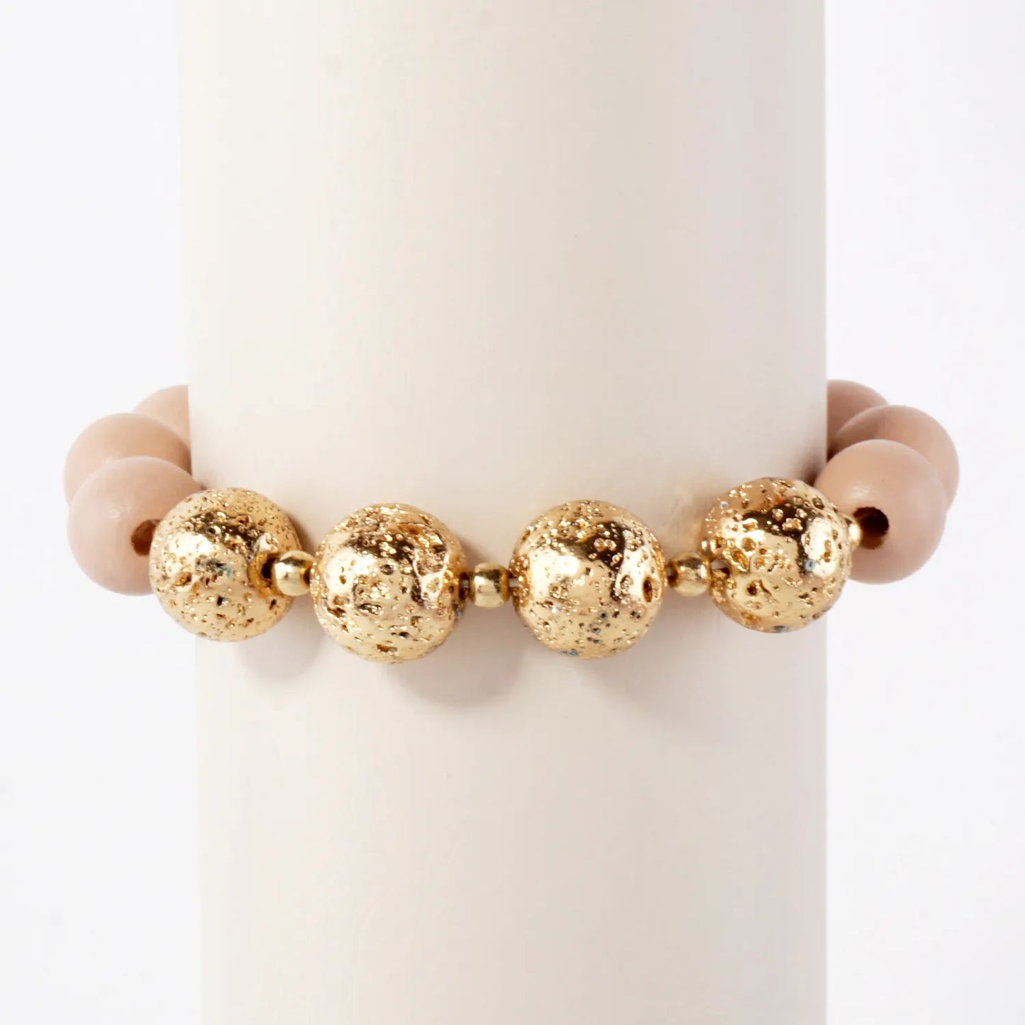 12mm Wood And Metallic Lava Bead Accent Stretch Bracelet