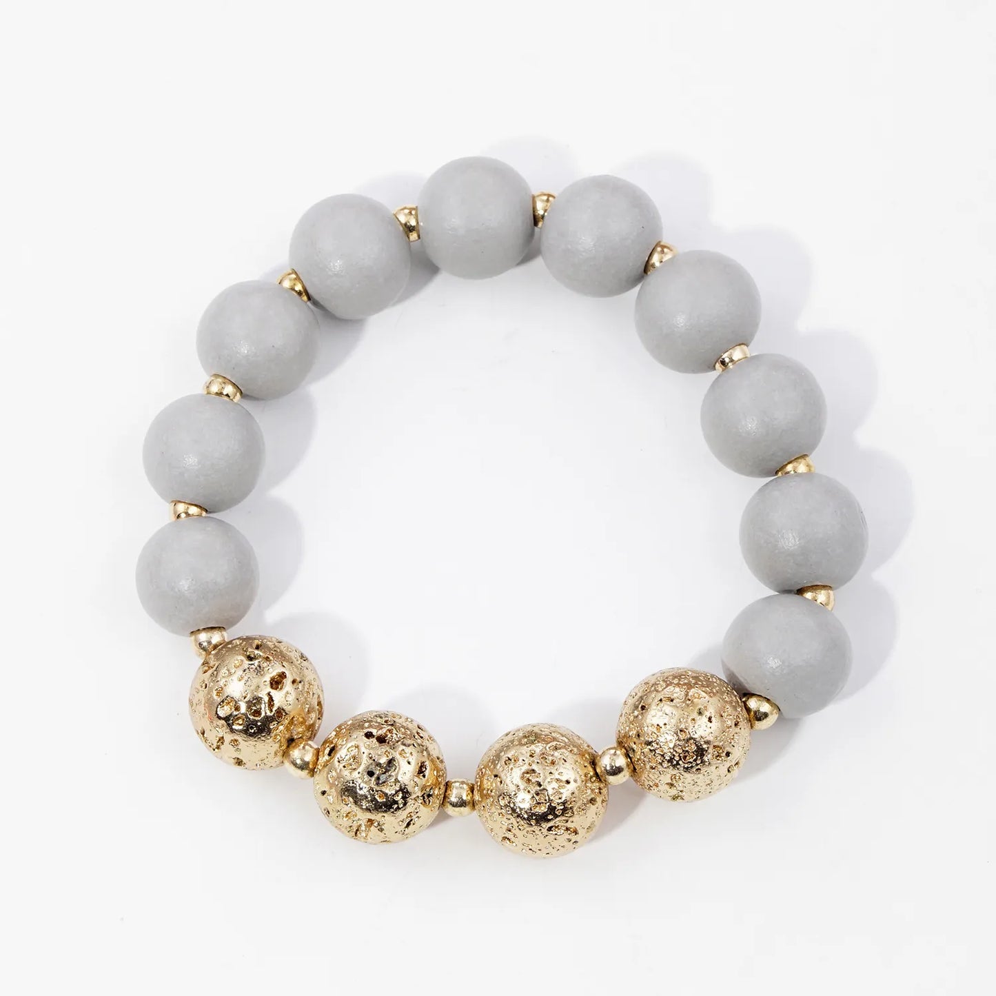 12mm Wood And Metallic Lava Bead Accent Stretch Bracelet
