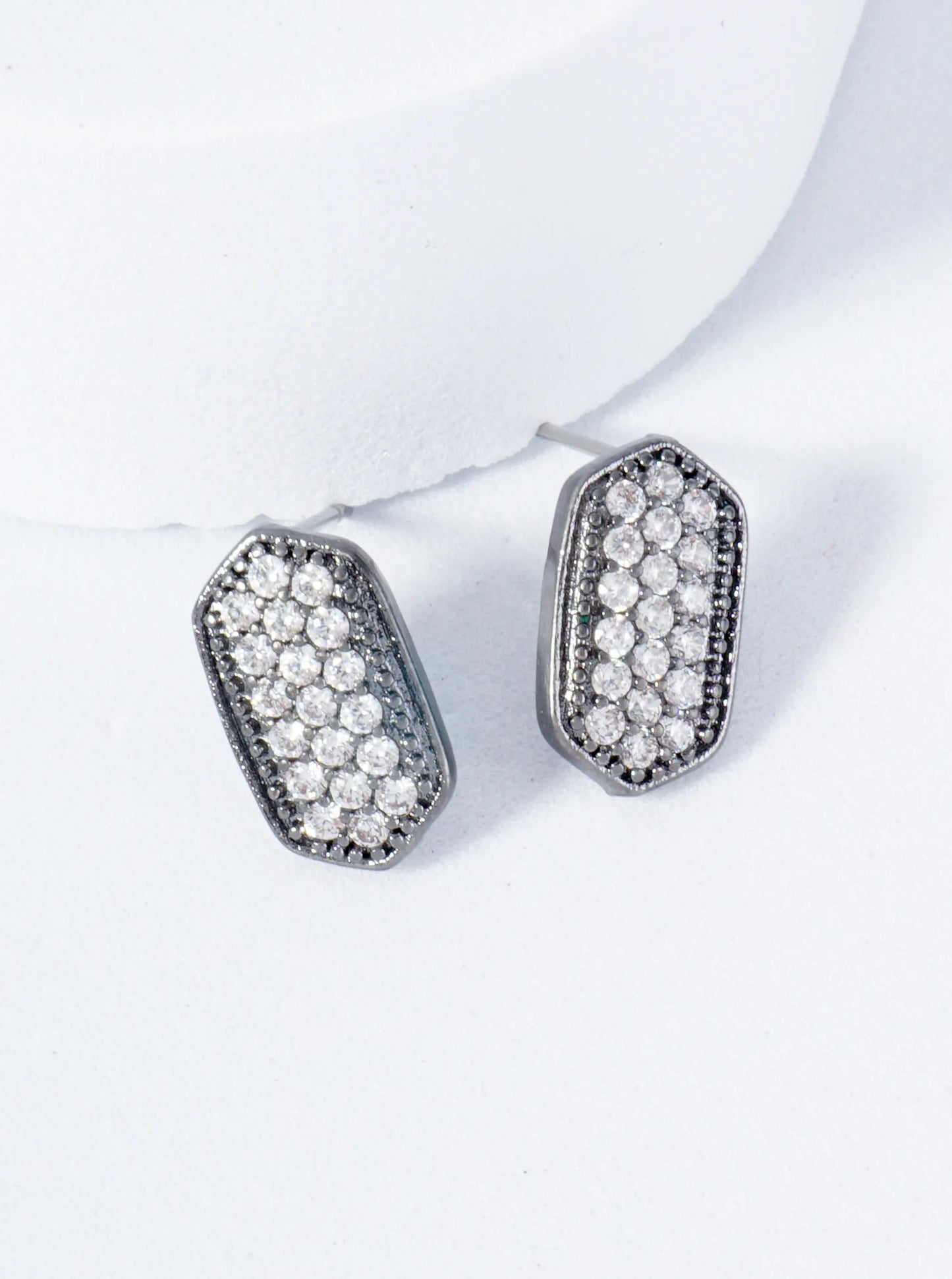 13mm Pave Set CZ Elongated Hexagon Stud Earrings