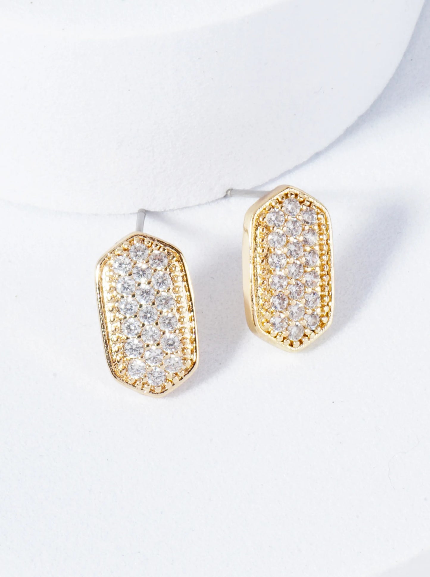 13mm Pave Set CZ Elongated Hexagon Stud Earrings