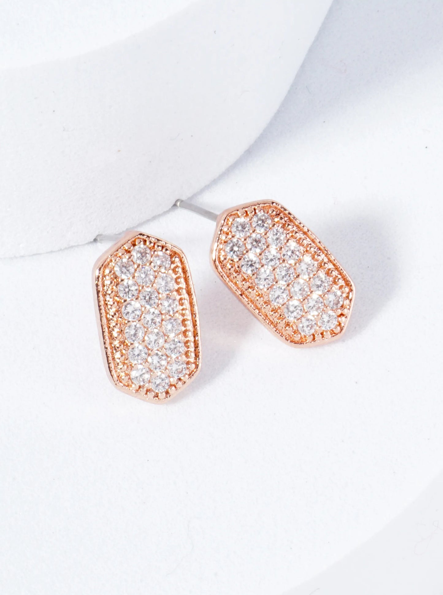 13mm Pave Set CZ Elongated Hexagon Stud Earrings