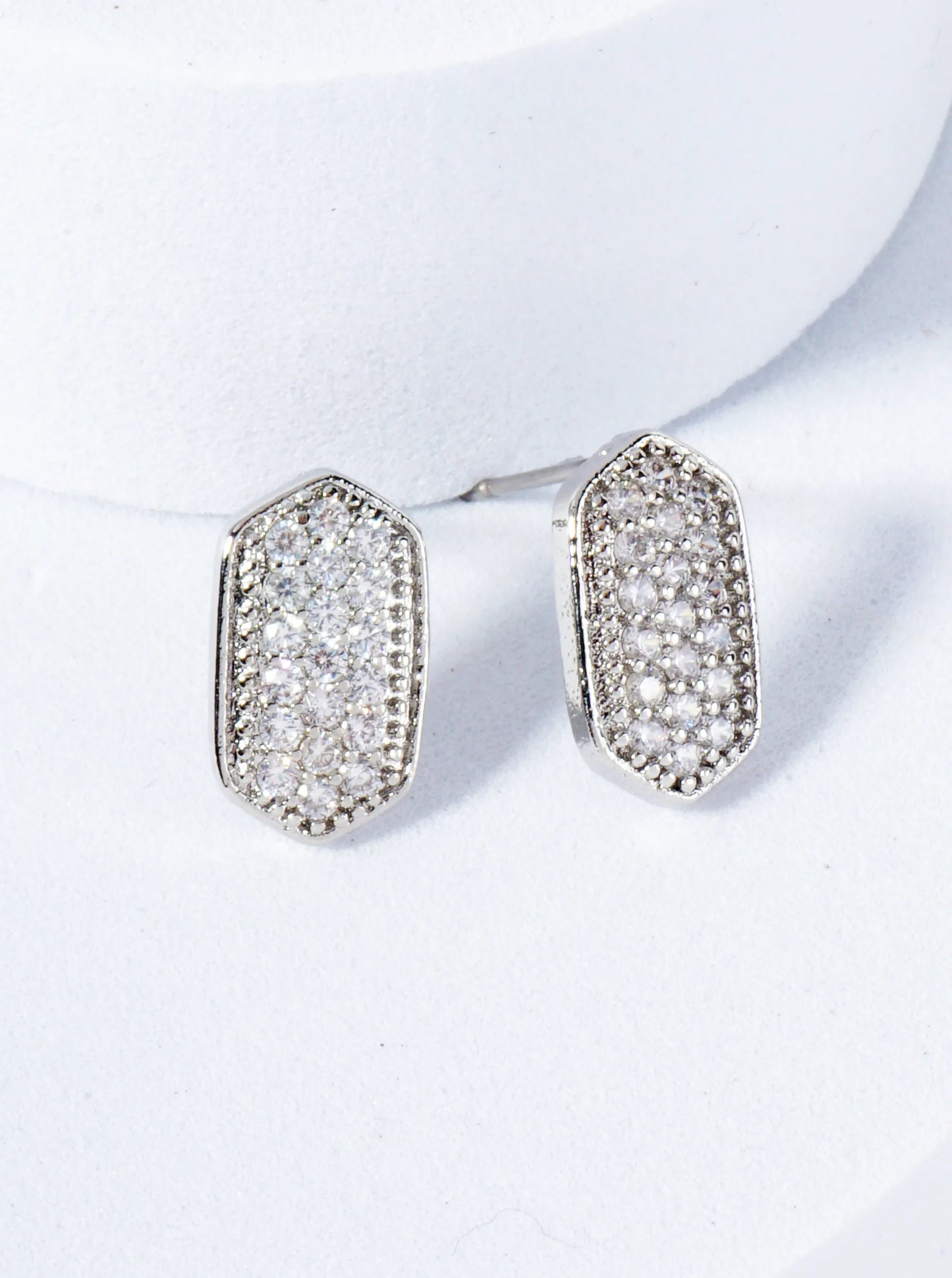 13mm Pave Set CZ Elongated Hexagon Stud Earrings