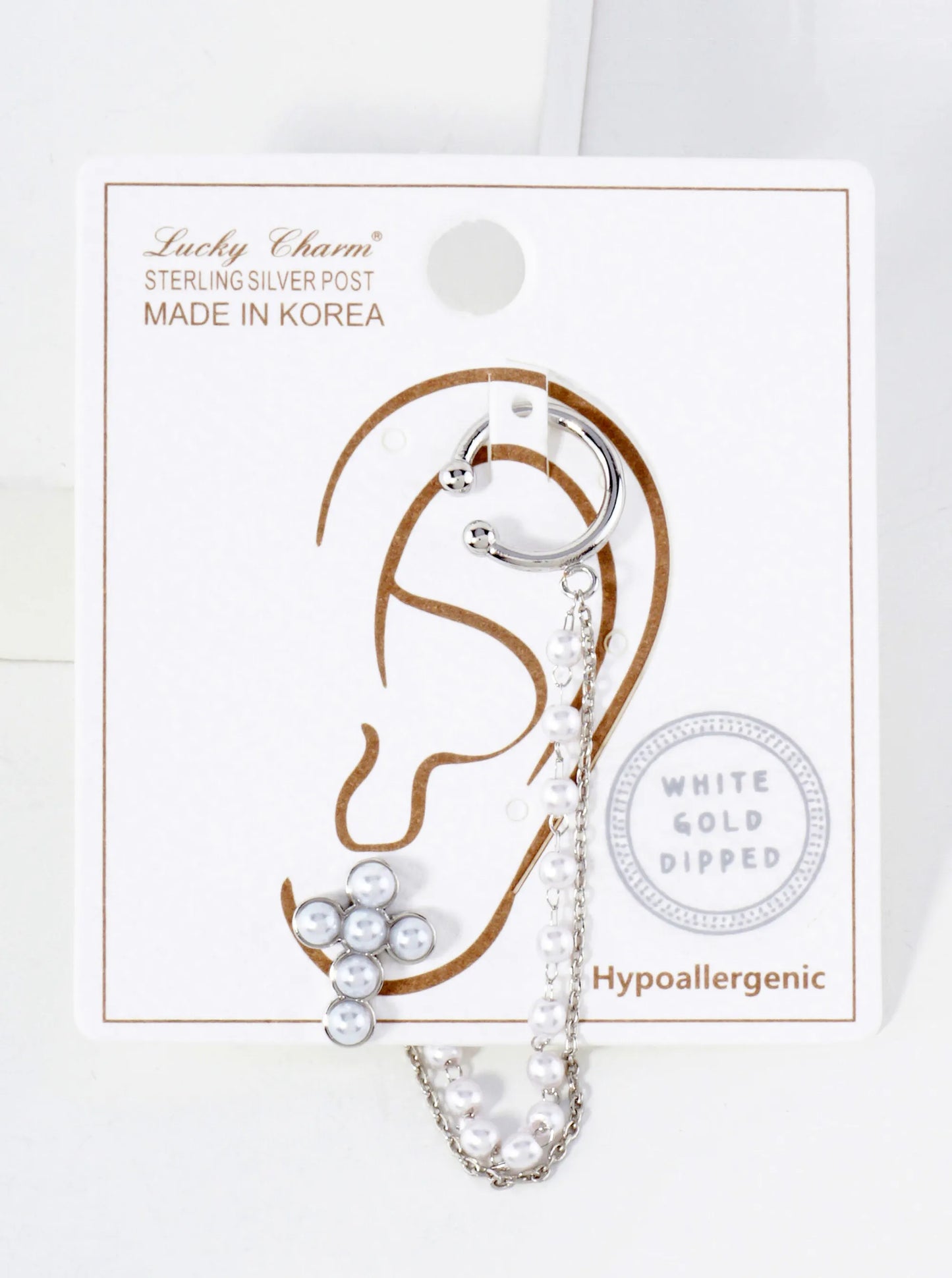 13mm Pearl Cross Stud And Ear Cuff Drape Chain 18K-Gold-Dipped Earring Set
