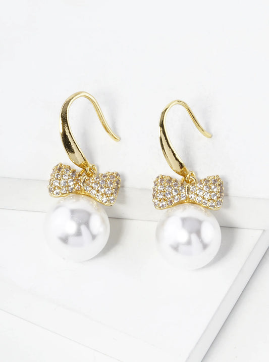 14K Gold Dipped 12mm Pearl Drop Pave Set Cubic Zirconia Ribbon Dangle Earrings