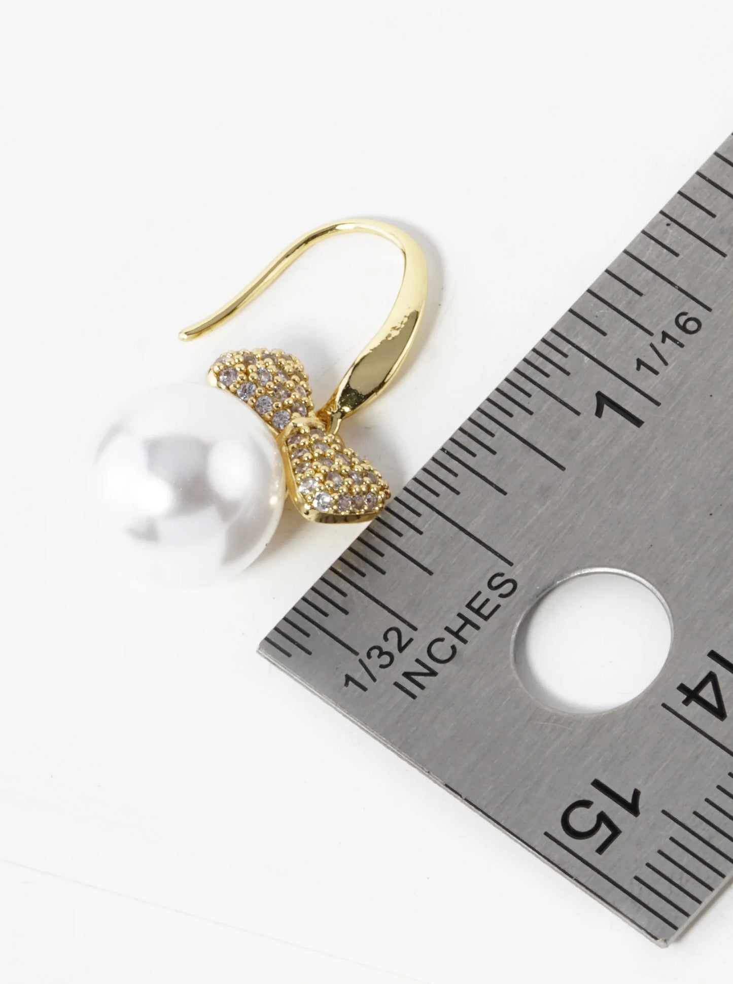 14K Gold Dipped 12mm Pearl Drop Pave Set Cubic Zirconia Ribbon Dangle Earrings