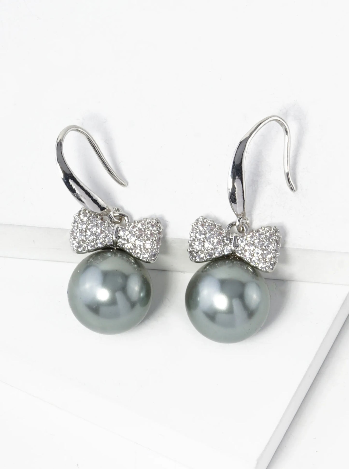 14K Gold Dipped 12mm Pearl Drop Pave Set Cubic Zirconia Ribbon Dangle Earrings