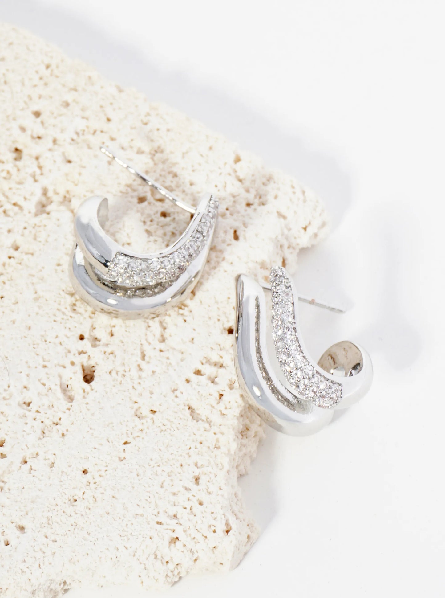 14K Gold Dipped 15mm Pave Set CZ Wavy Double Line Hoop Earrings
