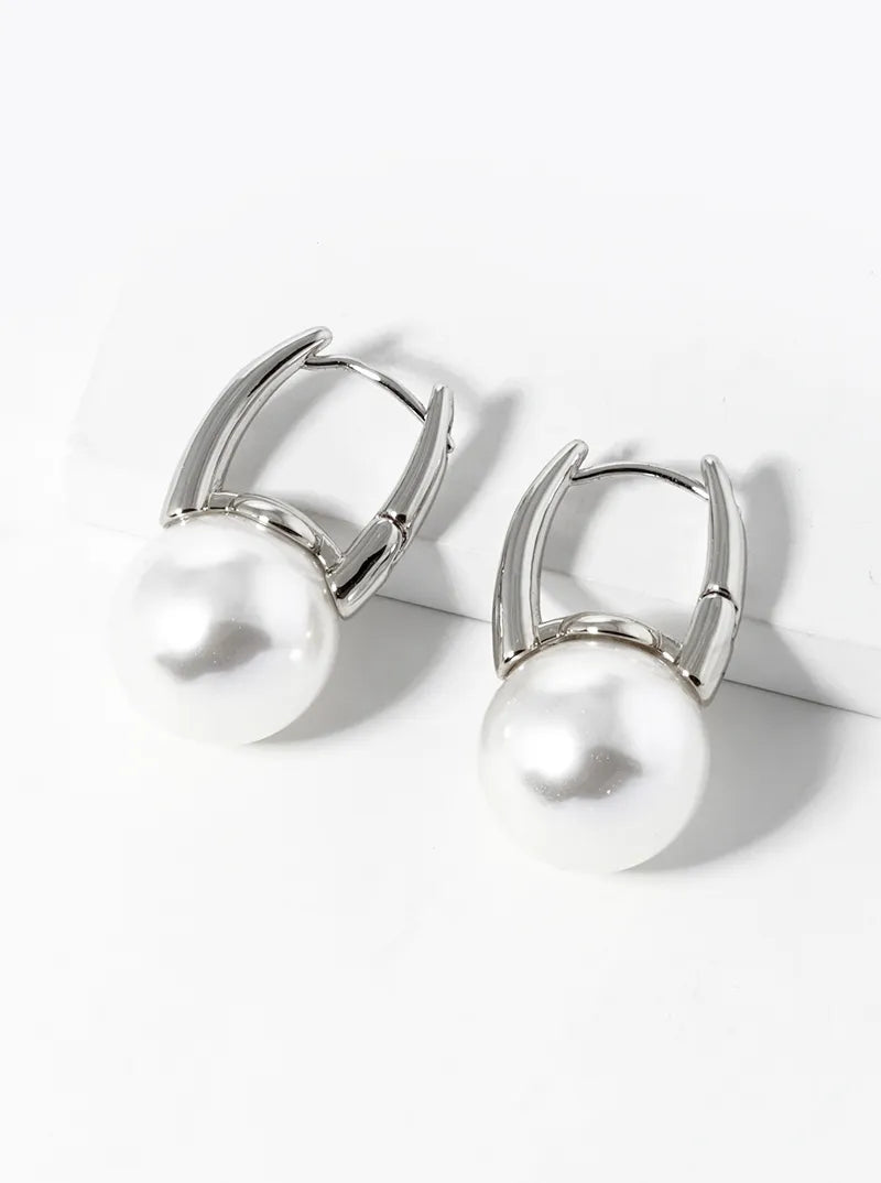 14K Gold Dipped 15mm Pearl Bead Drop Huggie Hoop Earrings