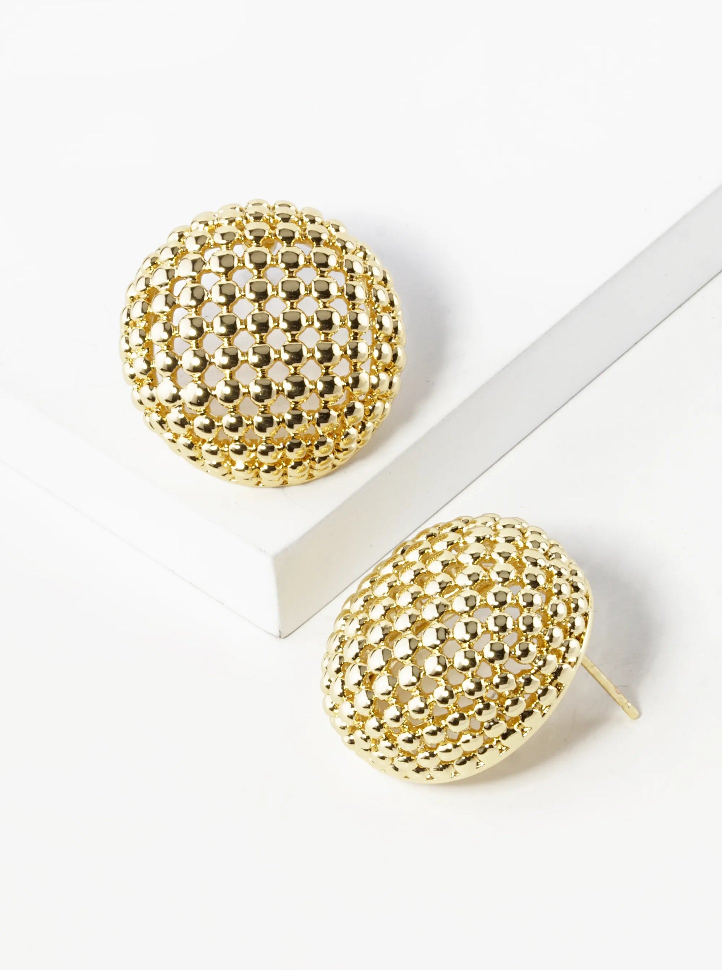White Gold Dipped 3D Ball Textured Mesh Button Stud Earrings