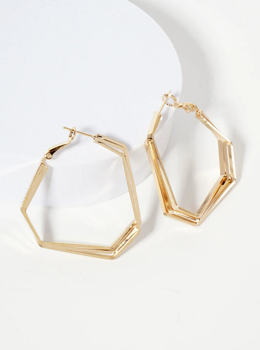 14K-Gold-Dipped 40mm Polished Brass 3-Layer Geometric Latch-Back Hoop Earrings