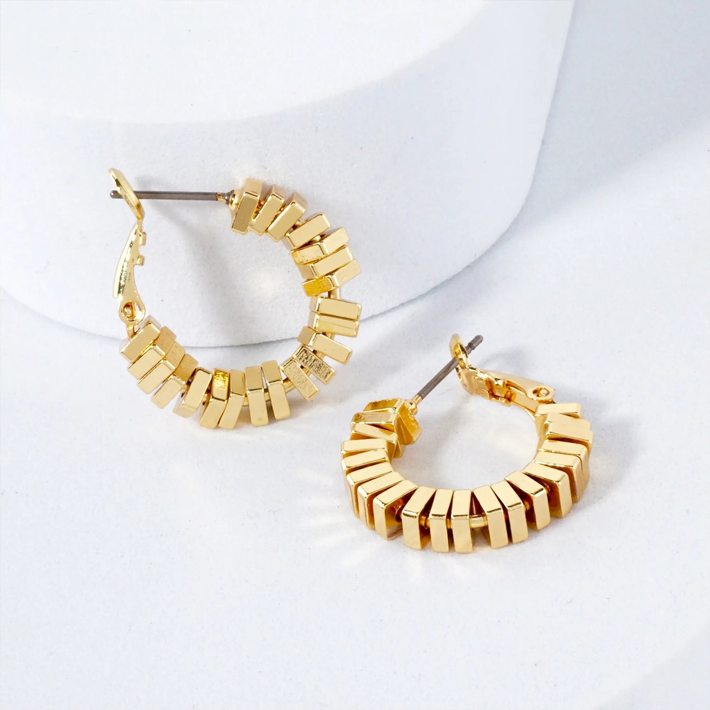 14K-Gold-Dipped 4mm Brass Square Beaded 20mm Omega-Back Hoop Earrings