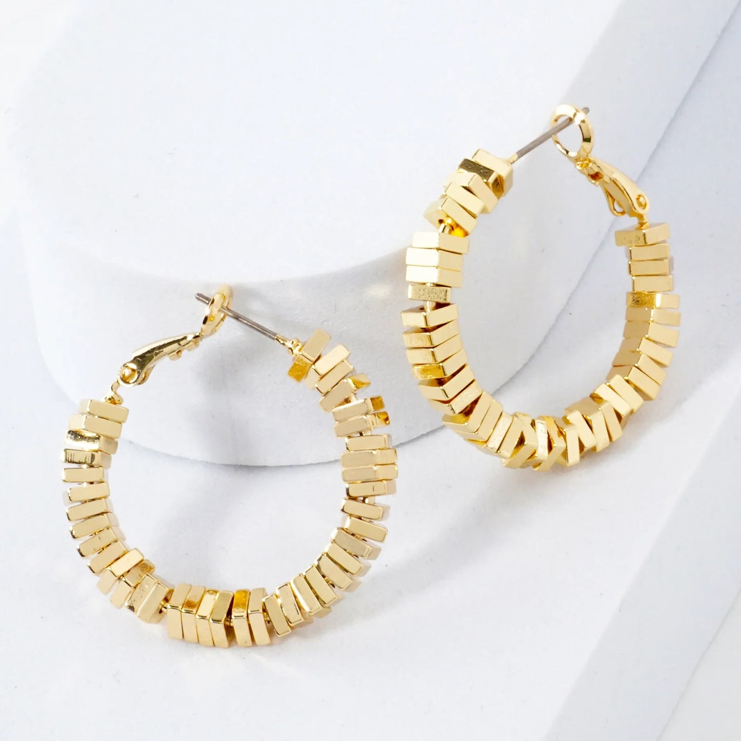 14K-Gold-Dipped 4mm Brass Square Beaded 30mm Omega-Back Hoop Earrings