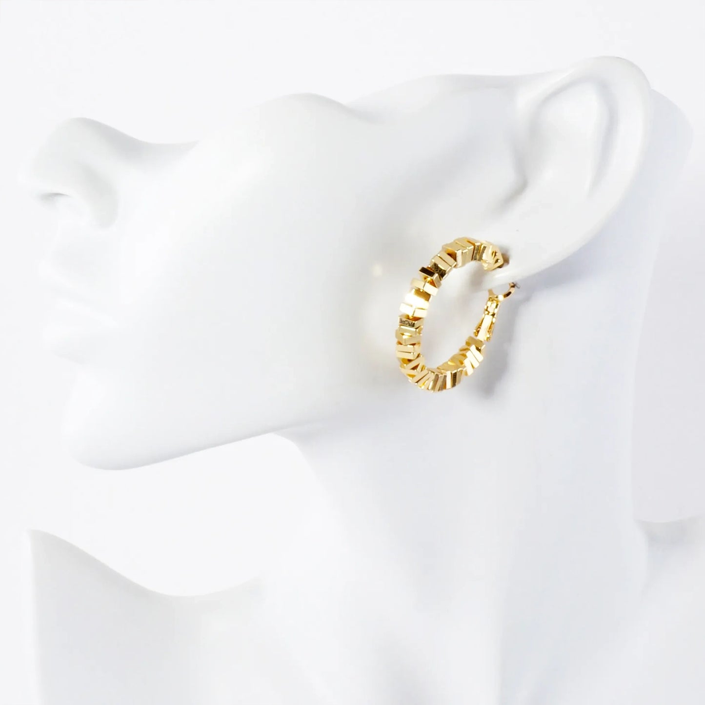 14K-Gold-Dipped 4mm Brass Square Beaded 30mm Omega-Back Hoop Earrings