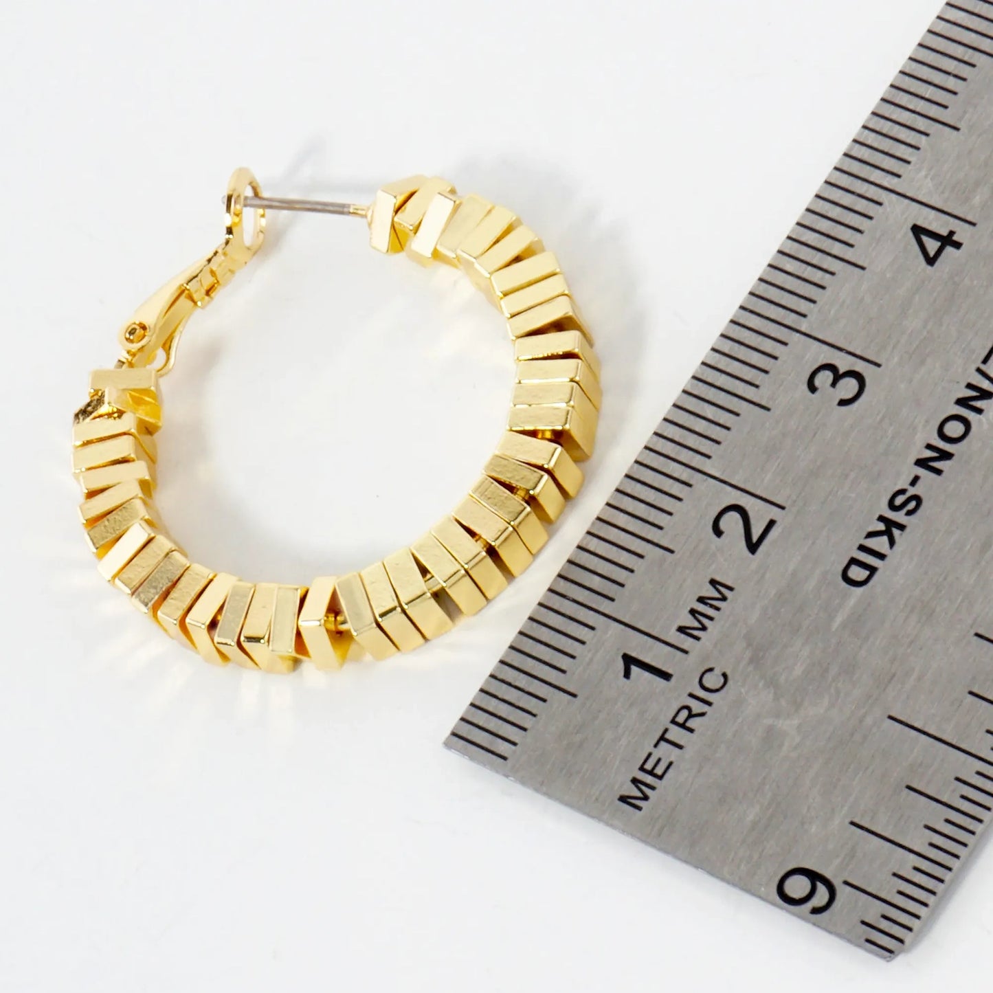 14K-Gold-Dipped 4mm Brass Square Beaded 30mm Omega-Back Hoop Earrings