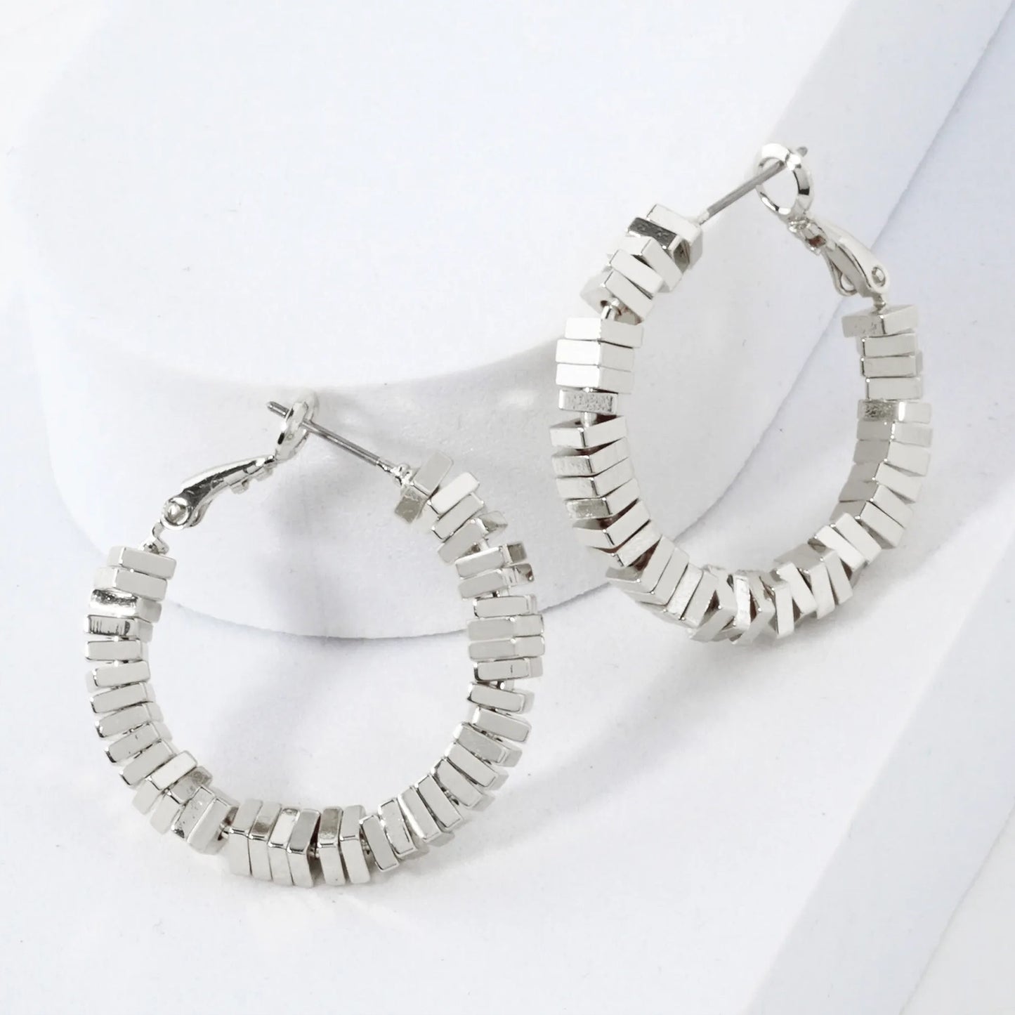 14K-Gold-Dipped 4mm Brass Square Beaded 30mm Omega-Back Hoop Earrings