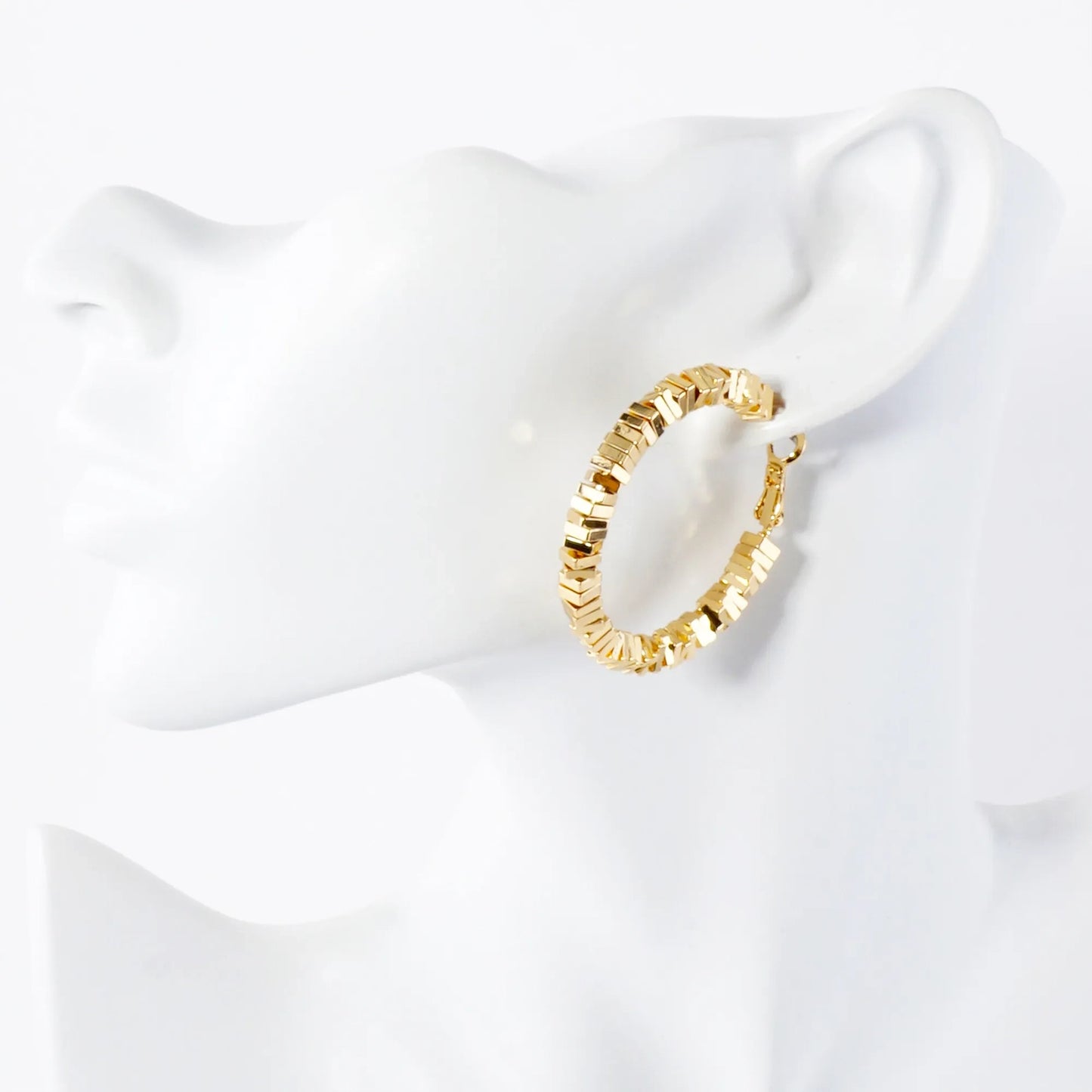 14K-Gold-Dipped 4mm Brass Square Beaded 40mm Omega-Back Hoop Earrings