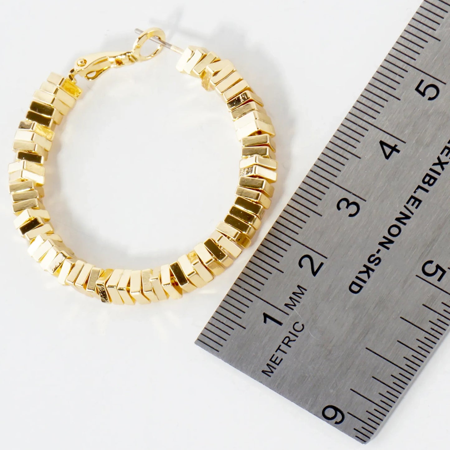 14K-Gold-Dipped 4mm Brass Square Beaded 40mm Omega-Back Hoop Earrings