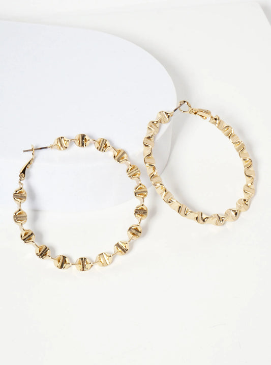 14K-Gold-Dipped 50mm Ruched Brass Latch-Back Hoop Earrings