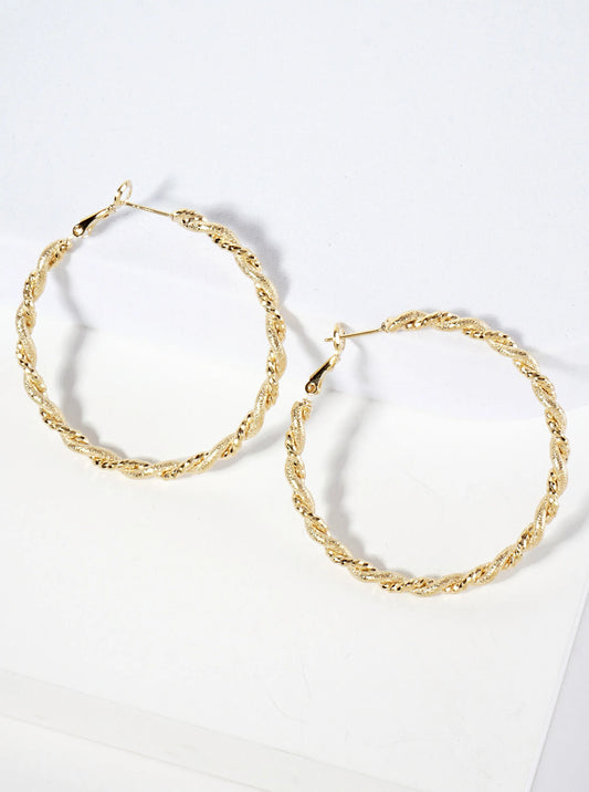 14K-Gold-Dipped 50mm Shimmer-texture Twist Latch-Back Hoop Earrings