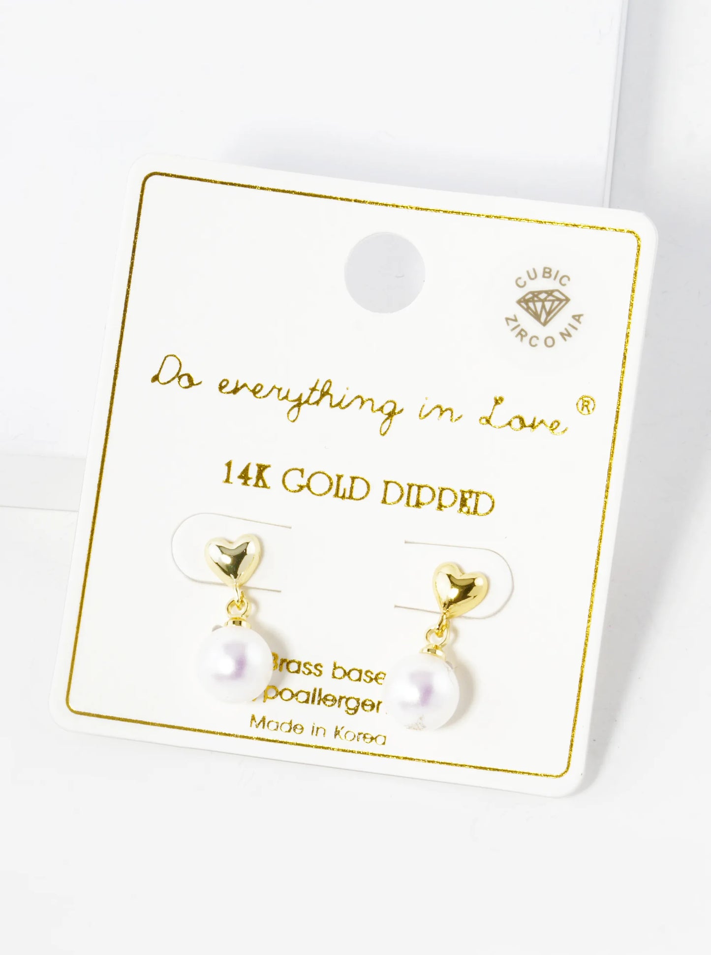 14K Gold Dipped 7mm Pearl Bead Drop Heart Post Earrings