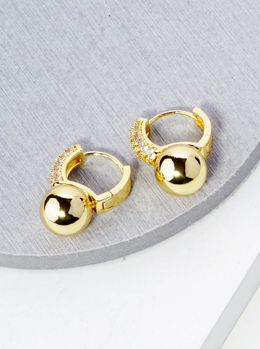 14K Gold Dipped Ball Drop Pave Set Cubic Zirconia 10mm Huggie Hoop Earrings