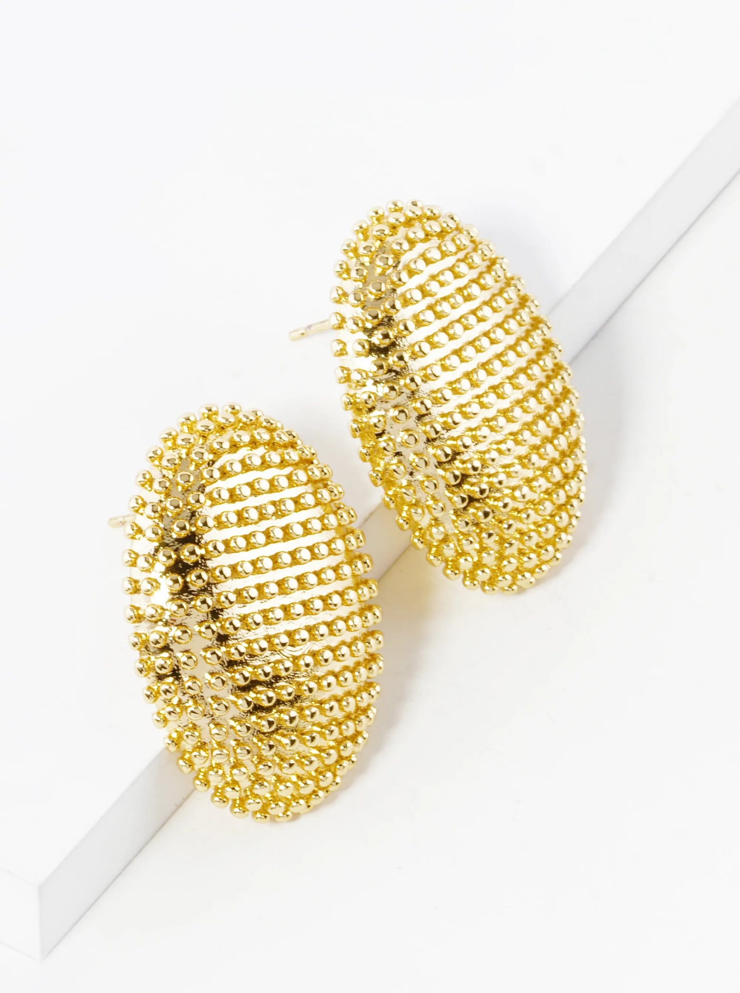 White Gold Dipped Ball Textured Oval Shape Post Stud Earrings