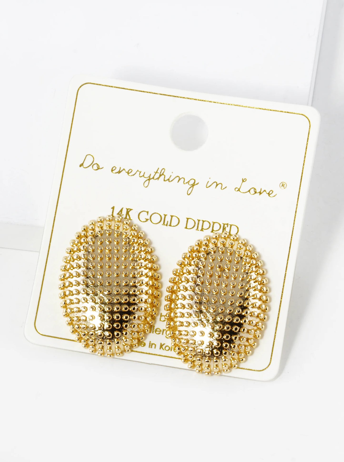 14K Gold Dipped Ball Textured Oval Shape Post Stud Earrings