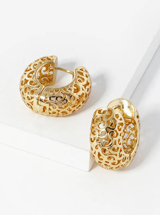 14K Gold Dipped Bold Filigree Huggie Hoop Earrings