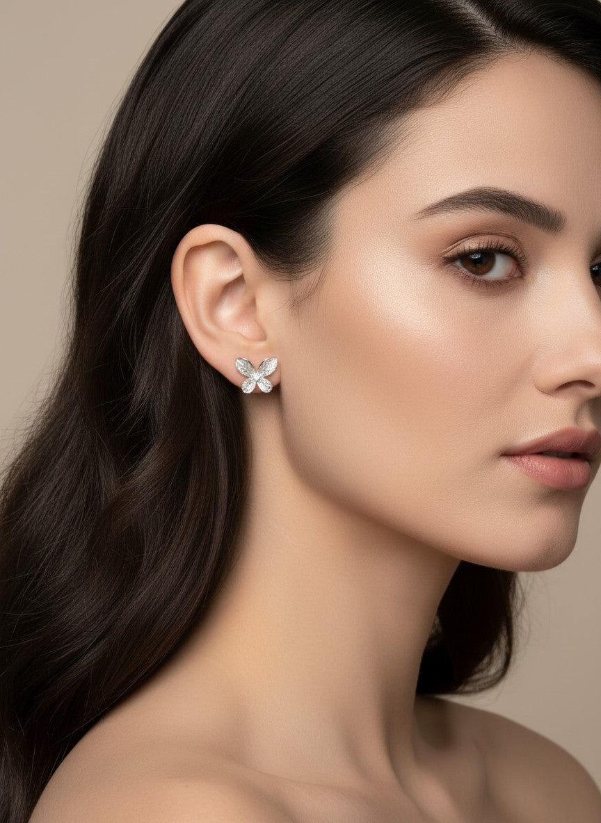 14K Gold-Dipped CZ Butterfly Stud Earrings