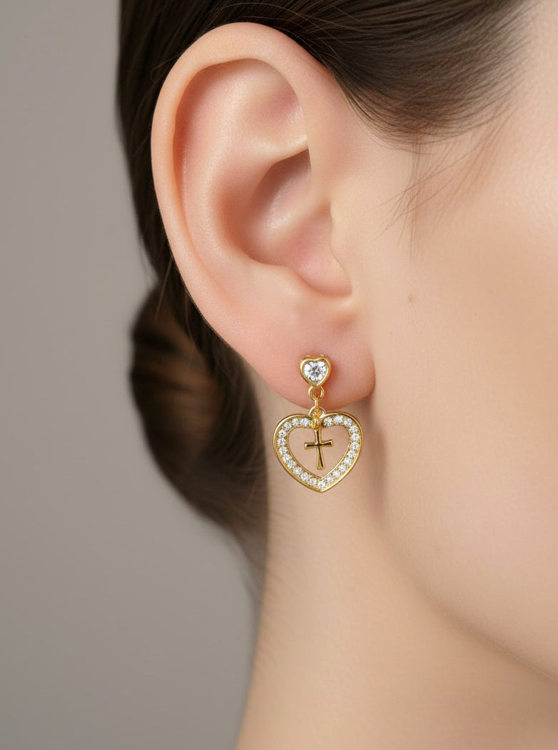 14K Gold Dipped CZ Heart Cross Drop Earrings