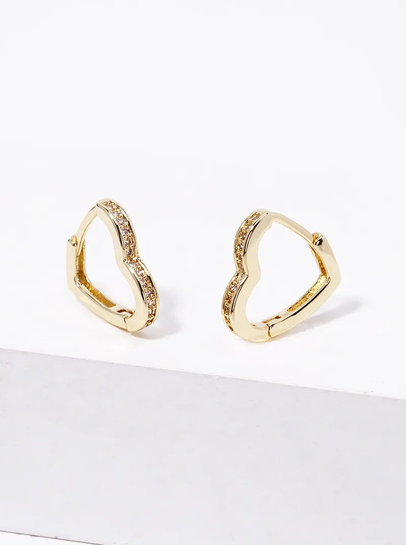 14K Gold Dipped CZ Pave 13mm Heart Huggie Hoop Earrings