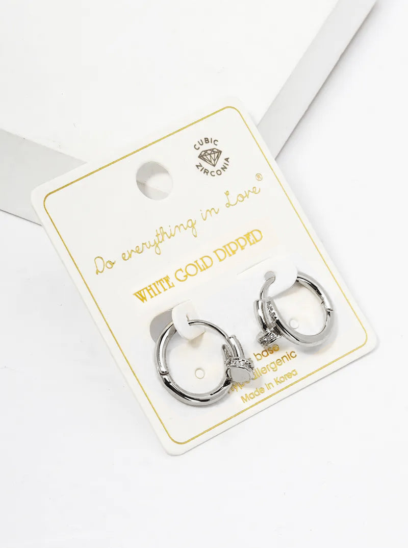 14K Gold Dipped CZ Pave 15mm Nail Huggie Hoop Earrings