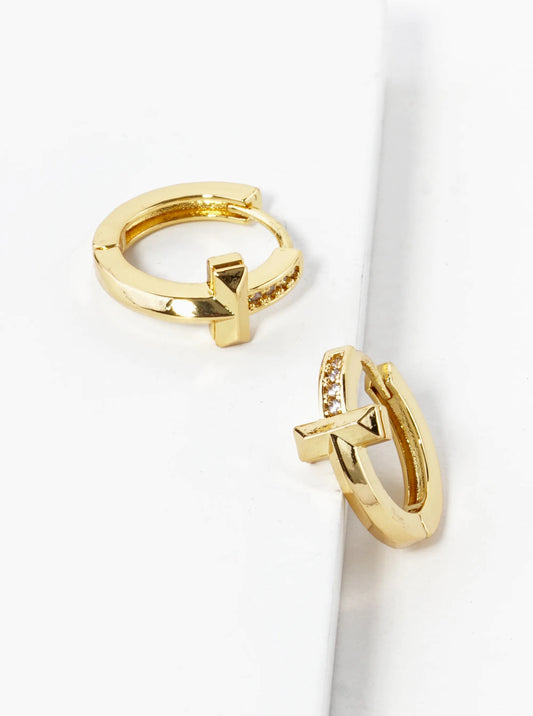 14K Gold Dipped CZ Pave Cross Huggie Hoop Earrings