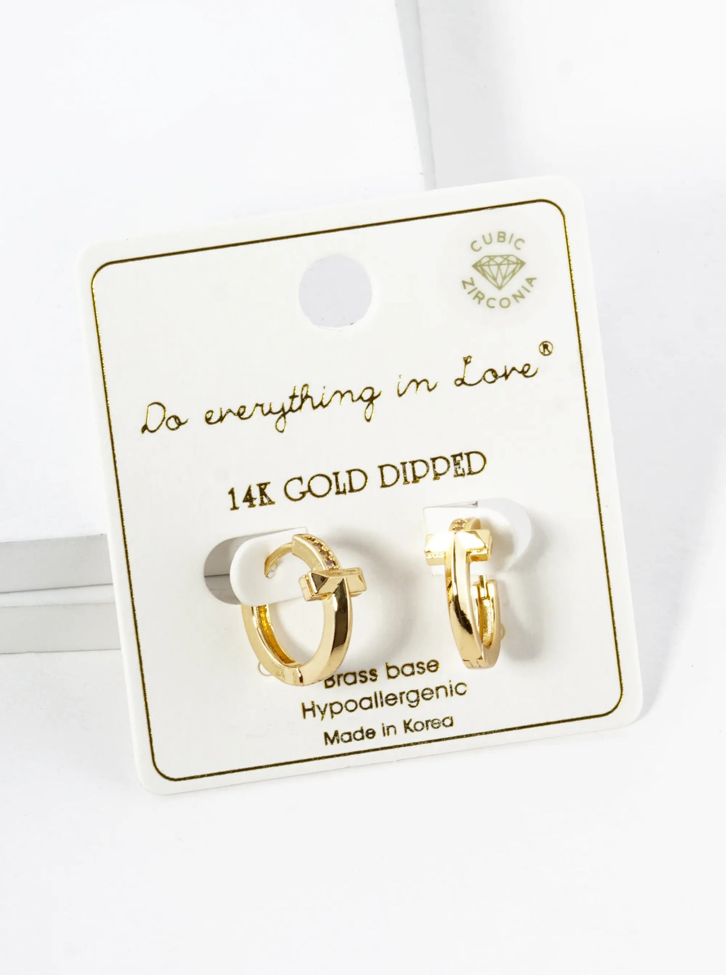 14K Gold Dipped CZ Pave Cross Huggie Hoop Earrings