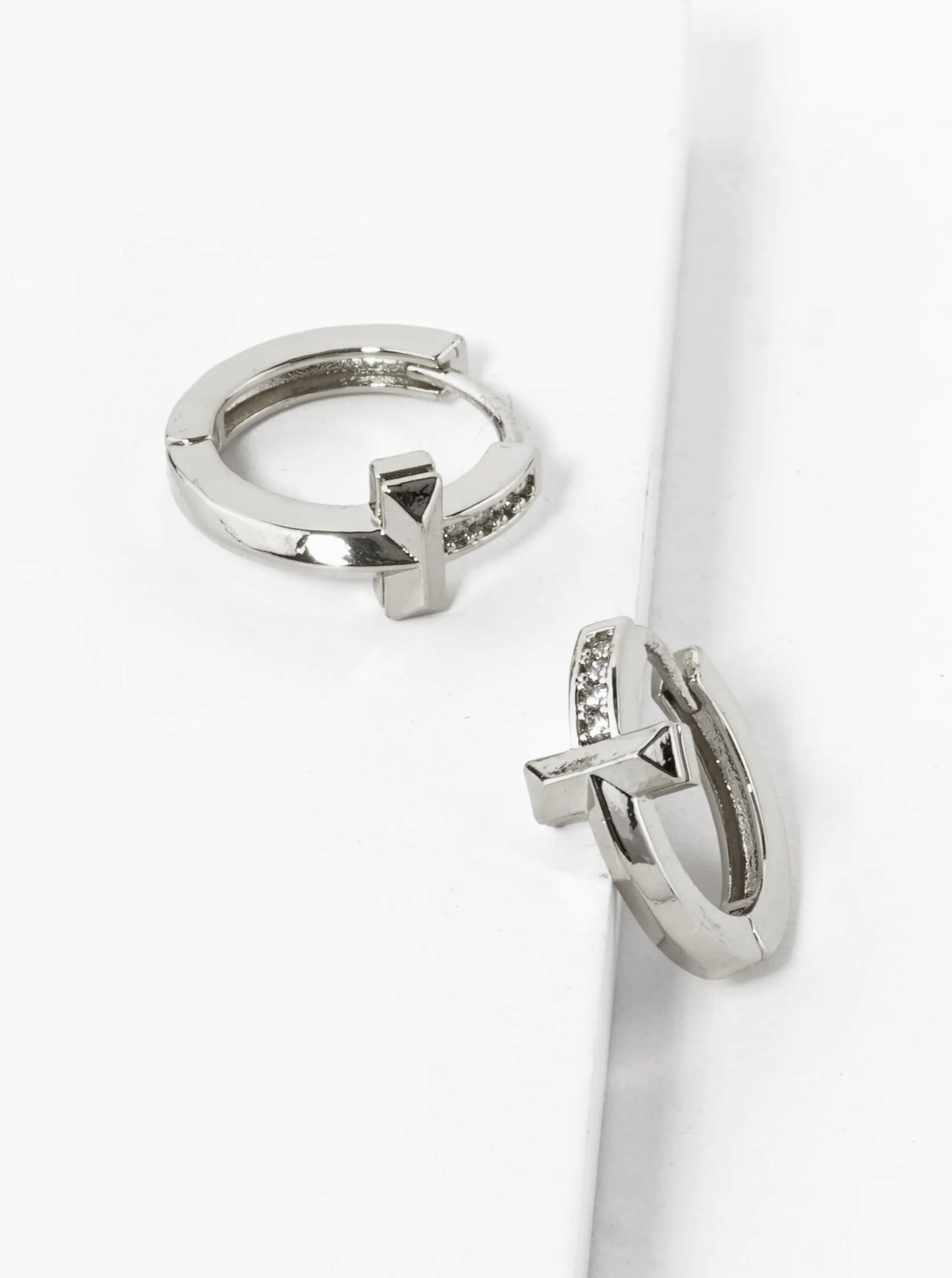 14K Gold Dipped CZ Pave Cross Huggie Hoop Earrings