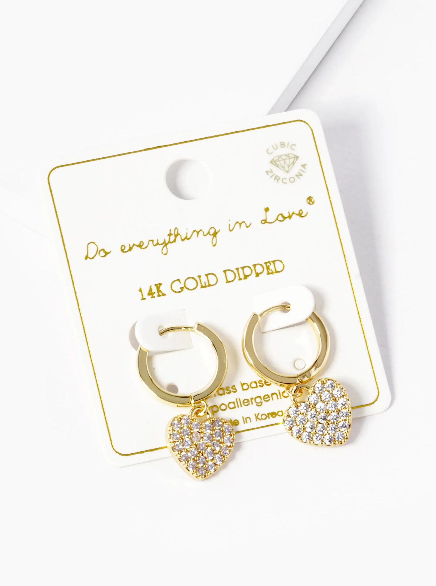 14K Gold Dipped CZ Pave Heart Drop 15mm Huggie Hoop Earrings
